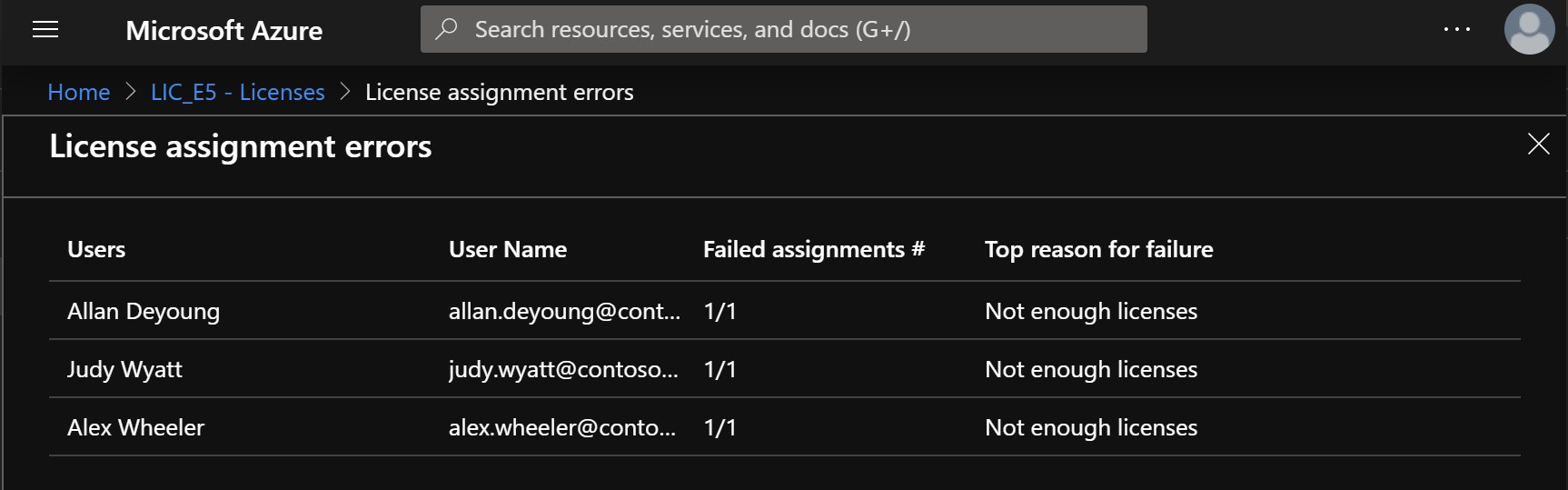 Screenshot from a tenant with group-based licensing and a provisioning error due to depleted licenses.