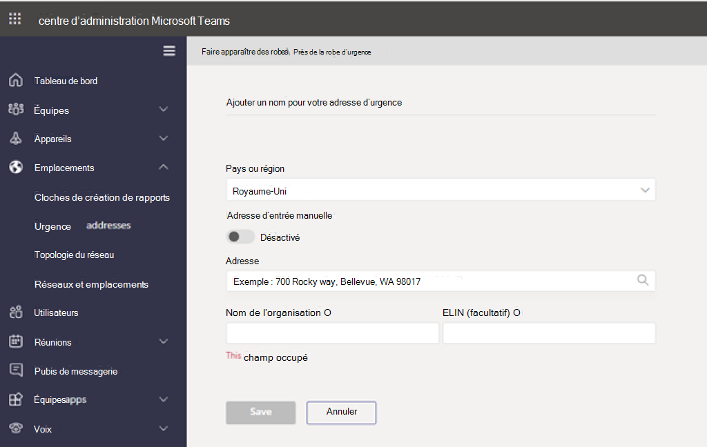 Ajout d’une nouvelle adresse d’urgence dans le Centre Administration Teams