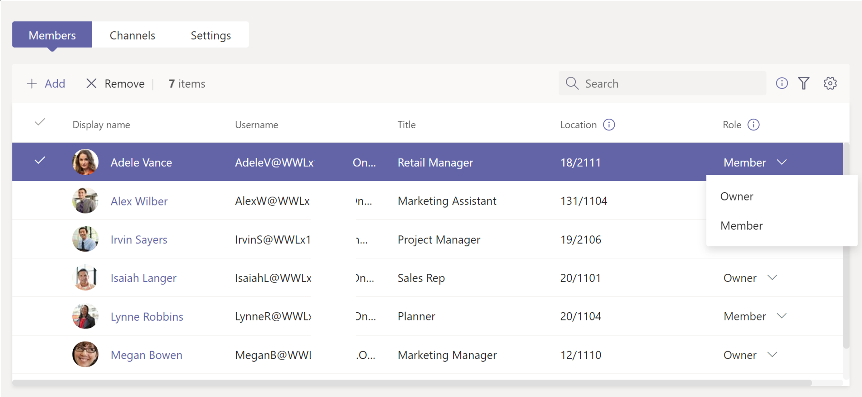  Capture d’écran de la gestion des utilisateurs dans une équipe.