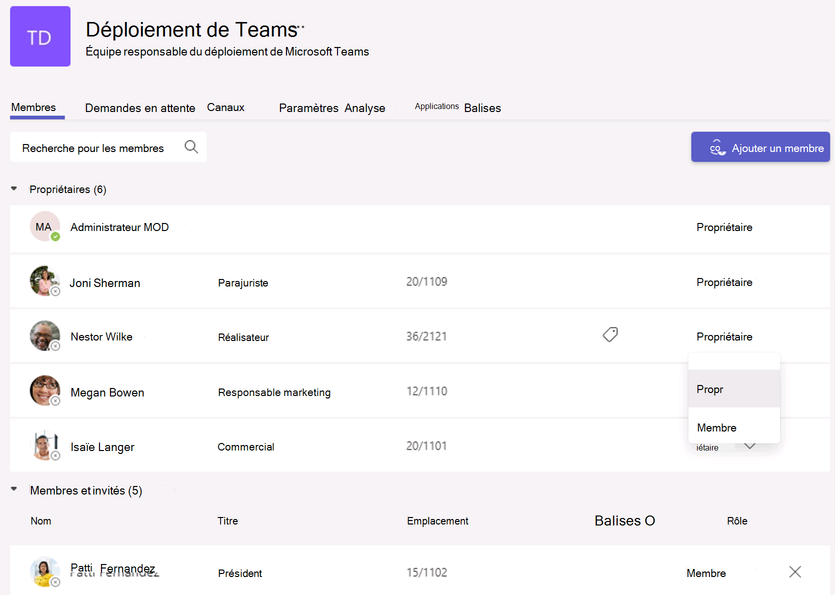  Capture d’écran de la gestion des utilisateurs dans le client Teams.