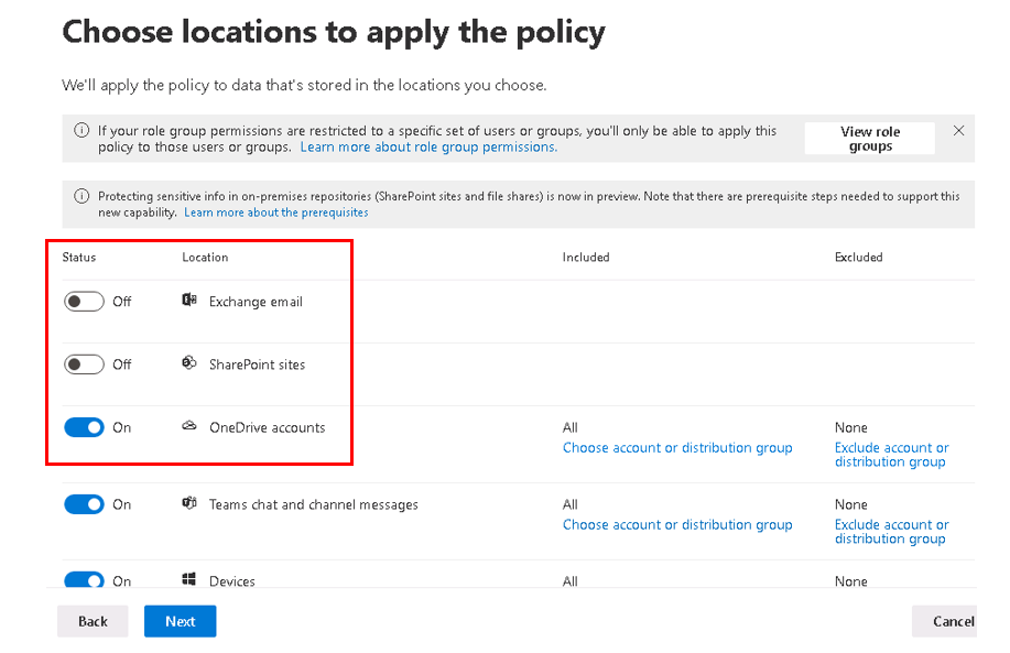 Screenshot showing the chosen locations to apply the policy page in the create policy wizard.
