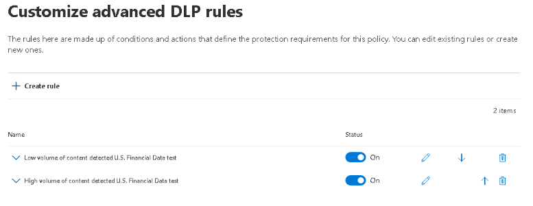 Screenshot showing the advanced D L P rules page in the create policy wizard.
