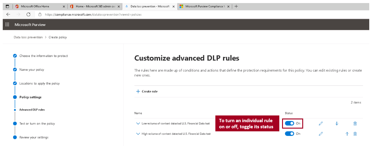 Screenshot of the advanced D L P policy rules page that highlights the status of each individual rule.