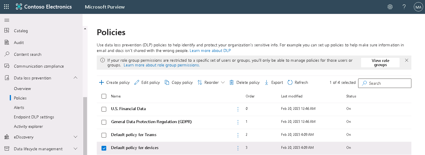 Screenshot of the data loss prevention Policies page showing the default policy for devices.