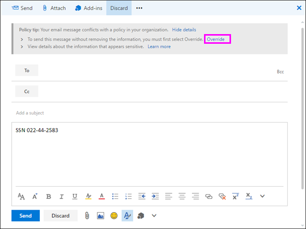 Screenshot of an email in Outlook displaying a sensitive data policy tip and an override button.
