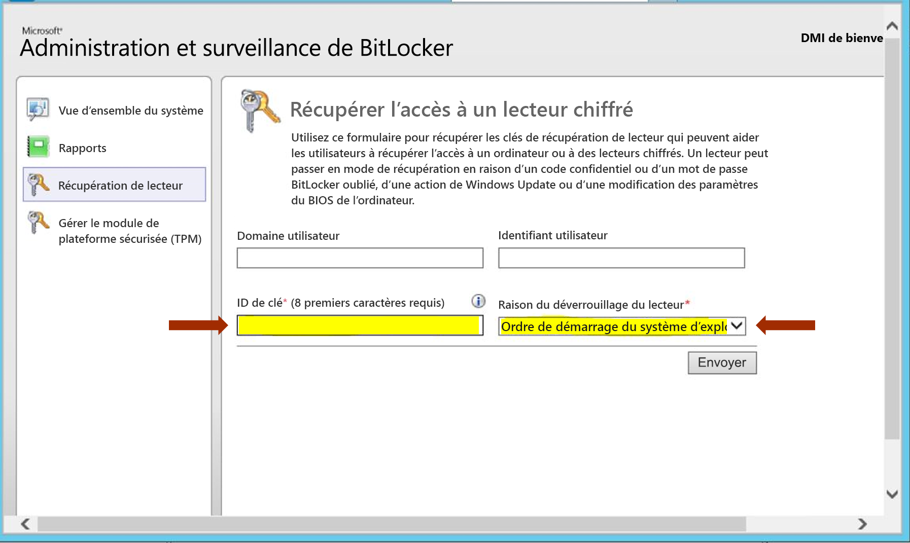 Capture d’écran de Microsoft MBAM indiquant le KeyID et la raison de la récupération de l’accès à un lecteur chiffré.