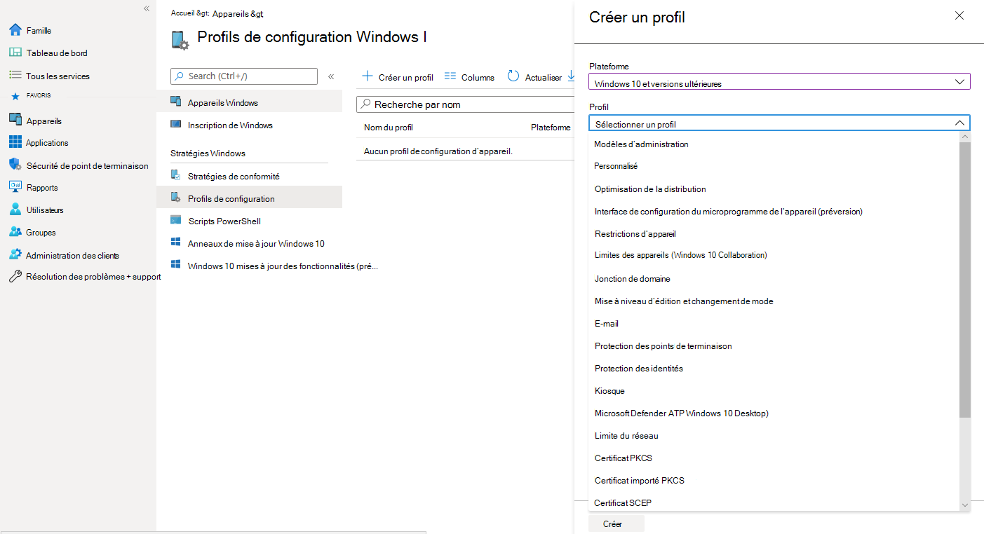 Cette capture d’écran montre l’écran Profils de configuration après l’sélection du bouton Créer un profil. La plateforme Windows 10 et ultérieure a été sélectionnée et demande maintenant un profil, avec plusieurs options répertoriées - Les options répertoriées incluent modèles d’administration, personnalisé, optimisation de la distribution, configuration du microprogramme d’appareil, restrictions d’appareil, jonction de domaine, mise à niveau d’édition et commutateur, etc.