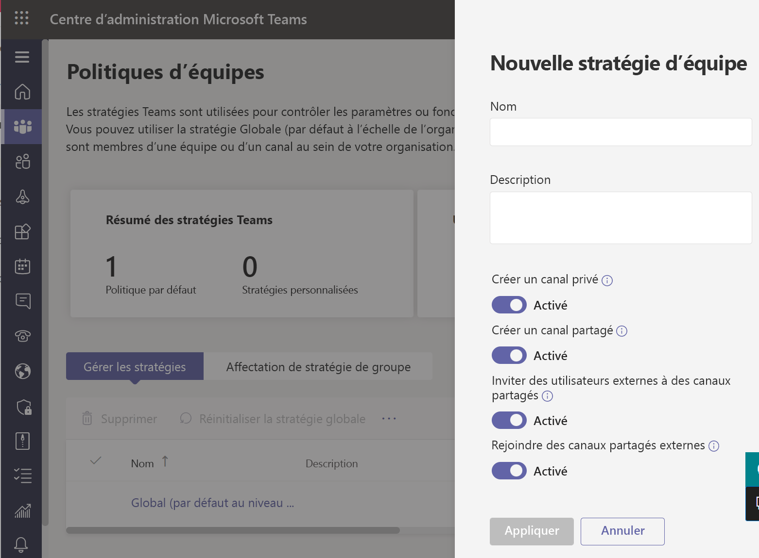  Capture d'écran de la gestion des utilisateurs des stratégies Teams.