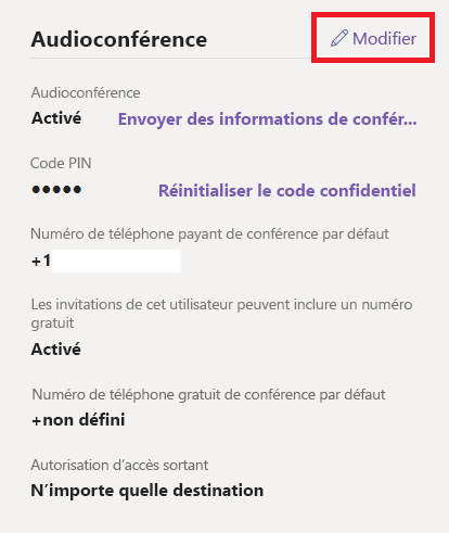 Capture d’écran de l’attribution de numéros de téléphone entrants pour les utilisateurs.