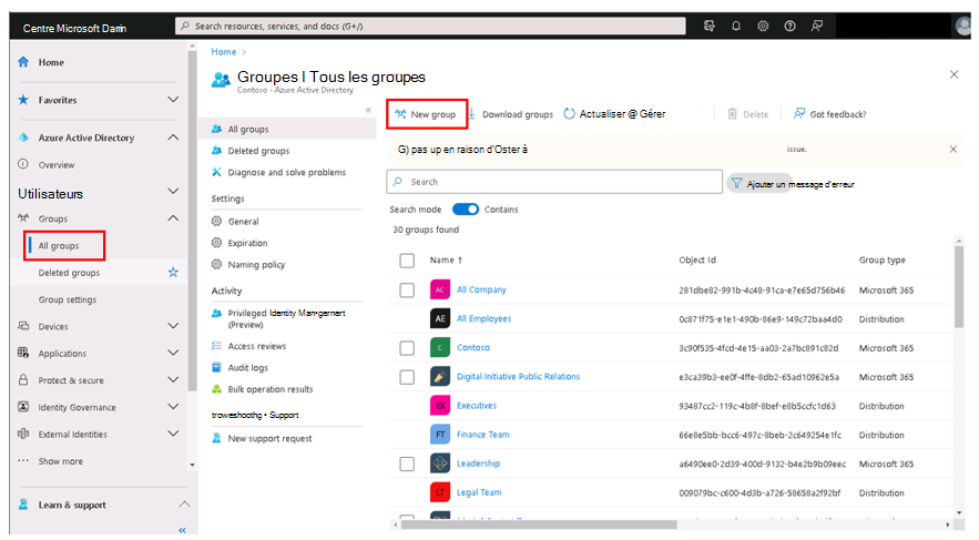 Capture d’écran montrant la fenêtre Tous les groupes dans le centre d’administration Microsoft Entra avec l’option Nouveau groupe mise en évidence.