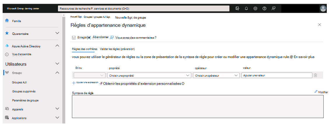 Capture d’écran montrant la fenêtre Règles d’appartenance dynamique.