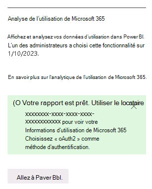 Capture d'écran de la page des rapports d'utilisation montrant la vignette d'analyse de l'utilisation de Microsoft 365 et le bouton Accéder à Power BI.