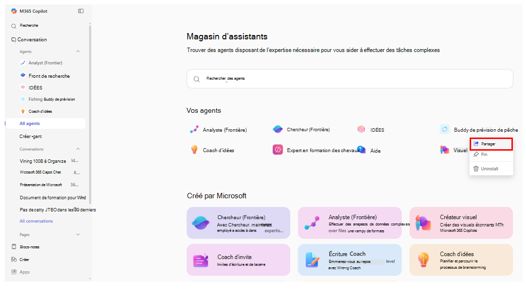 Capture d’écran de la page Tous les agents avec l’option Partager mise en évidence pour l’un de vos agents.