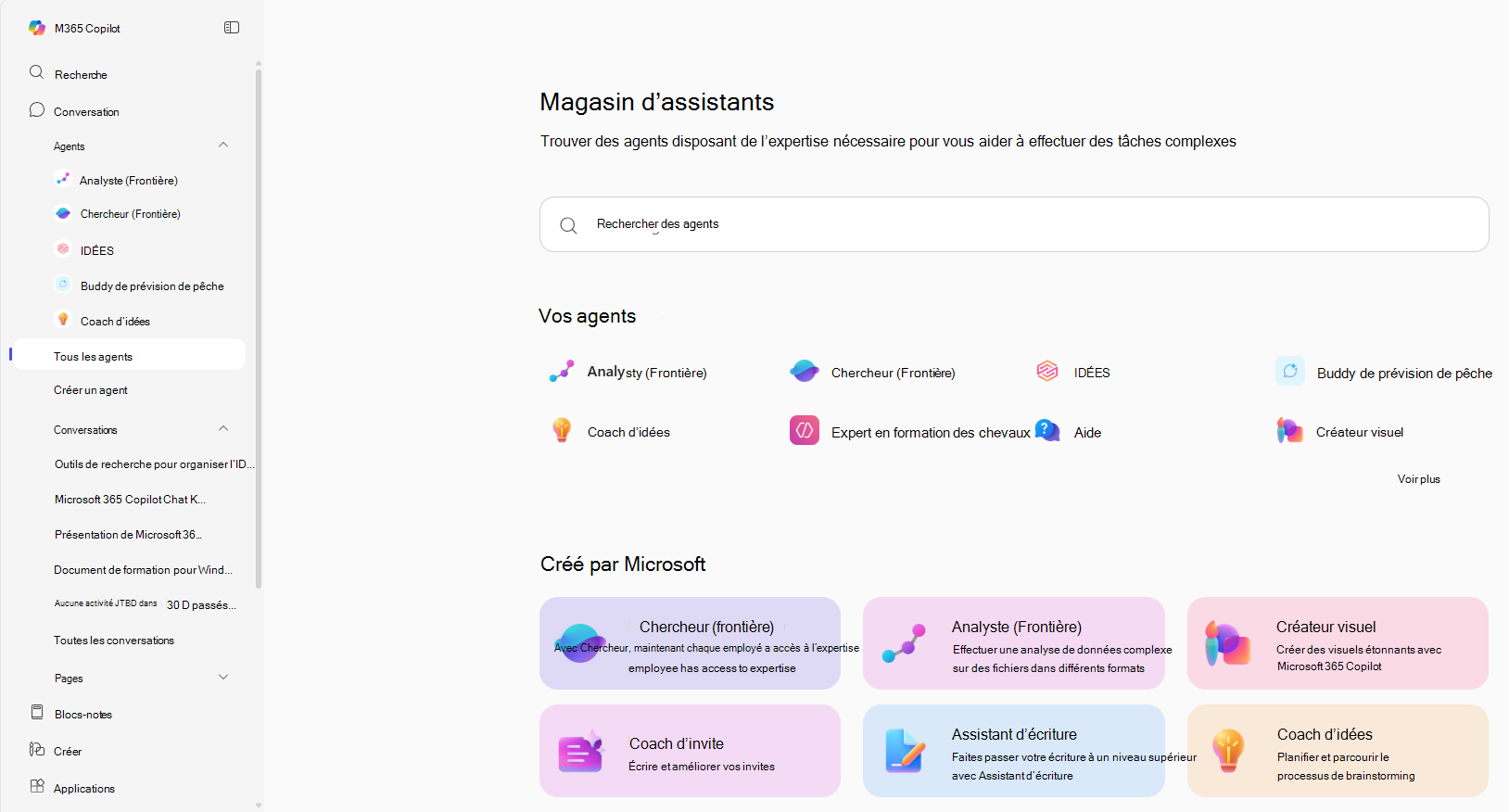 Capture d’écran de la fenêtre du magasin d’agents, qui apparaît lorsque vous sélectionnez Tous les agents dans le volet de navigation de la page d’accueil de Microsoft Copilot.