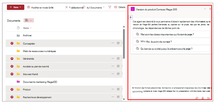 Capture d’écran montrant les fichiers sélectionnés pour une bibliothèque de documents dans SharePoint et le volet de conversation mis en surbrillance pour un agent.