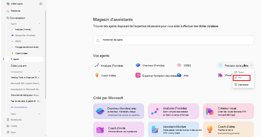 Capture d’écran de la fenêtre Magasin d’agents affichant le menu d’un agent avec l’option Épingler mise en surbrillance.