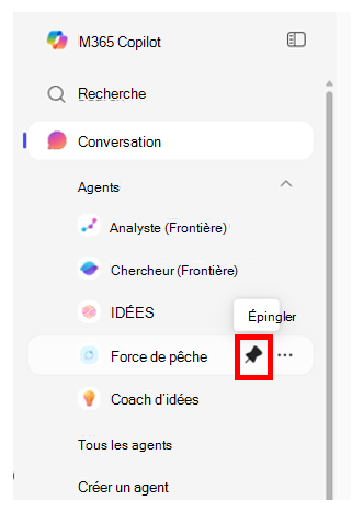 Capture d’écran du volet de navigation de Microsoft Copilot affichant le menu d’un agent avec l’icône Épingler mise en surbrillance.