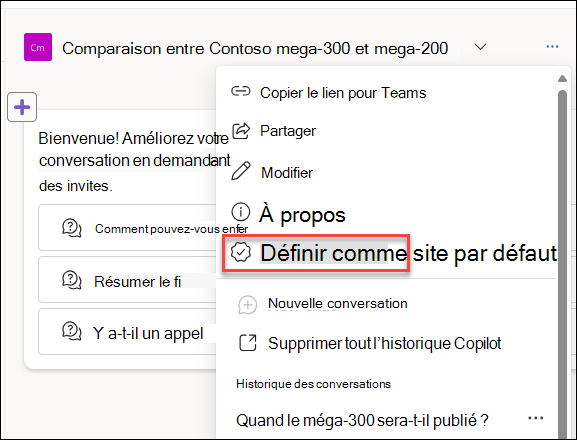 Capture d’écran montrant l’option de menu déroulant Définir comme site par défaut pour un agent dans SharePoint.