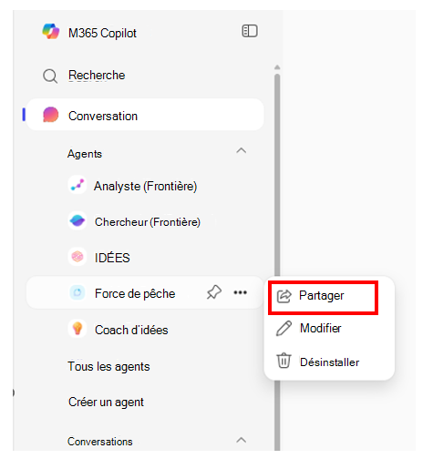 Capture d’écran du volet de navigation sur la page d’accueil de Microsoft Copilot montrant l’option Partager en surbrillance pour un agent.