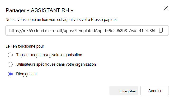 Capture d’écran de la fenêtre Partager qui s’affiche lorsque vous sélectionnez l’option Modifier les paramètres de partage.