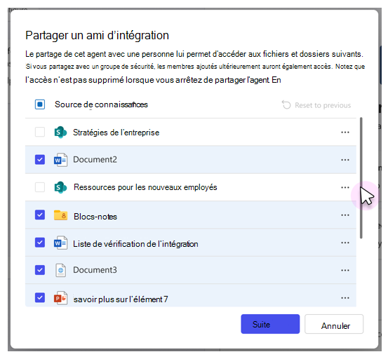 Capture d’écran montrant la liste des fichiers et dossiers de la source de connaissances qui peuvent être partagés.