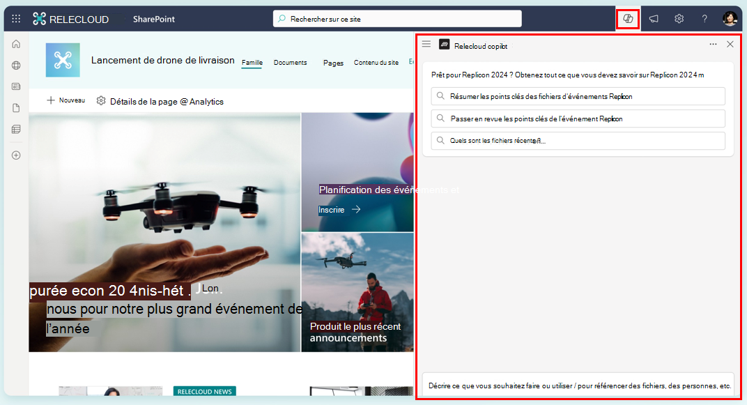 Capture d’écran d’un site SharePoint avec le volet de Chat ouvert pour un agent et le bouton Copilot mis en surbrillance.