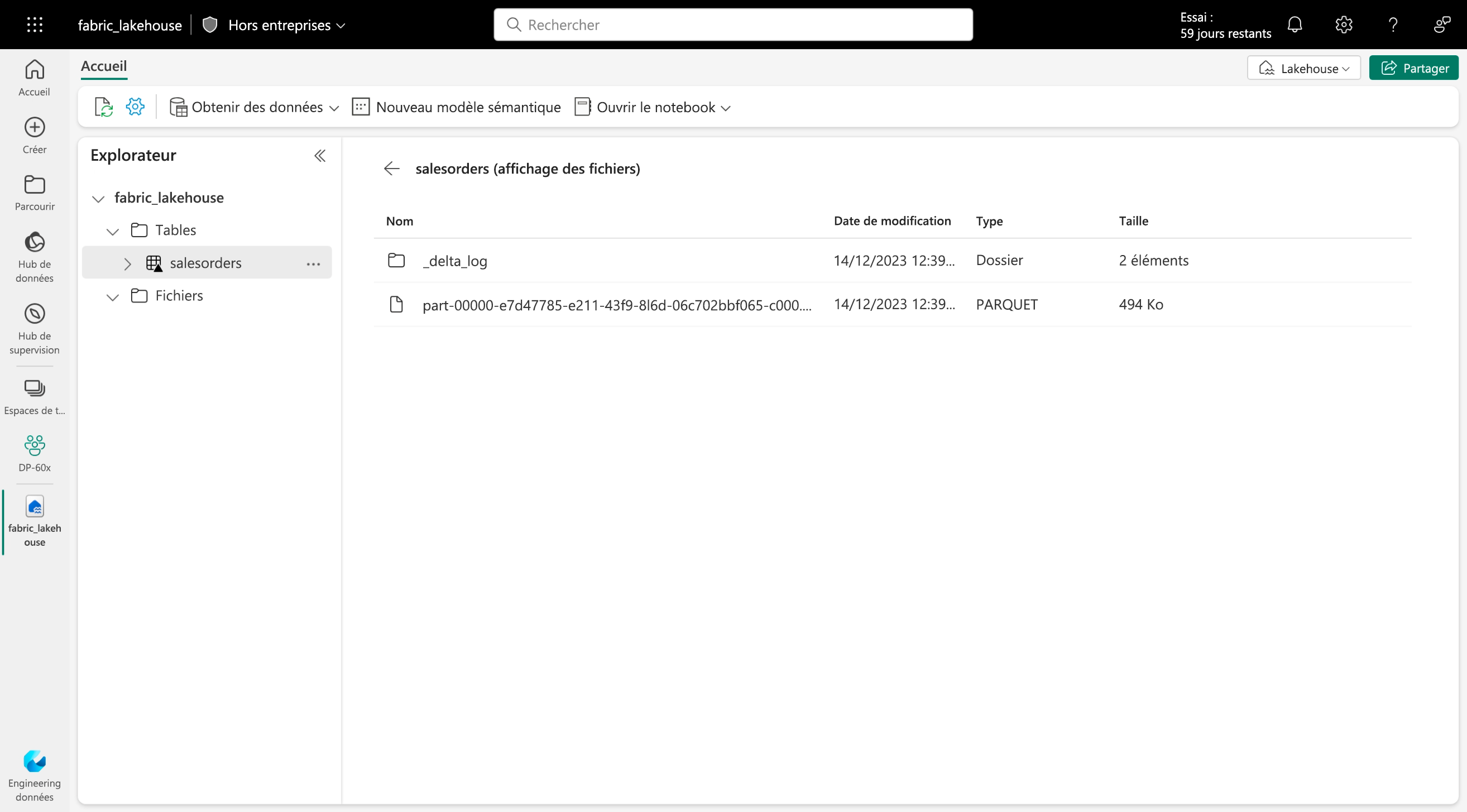 Screenshot of the files view of the parquet files in the salesorders table viewed through Lakehouse explorer.