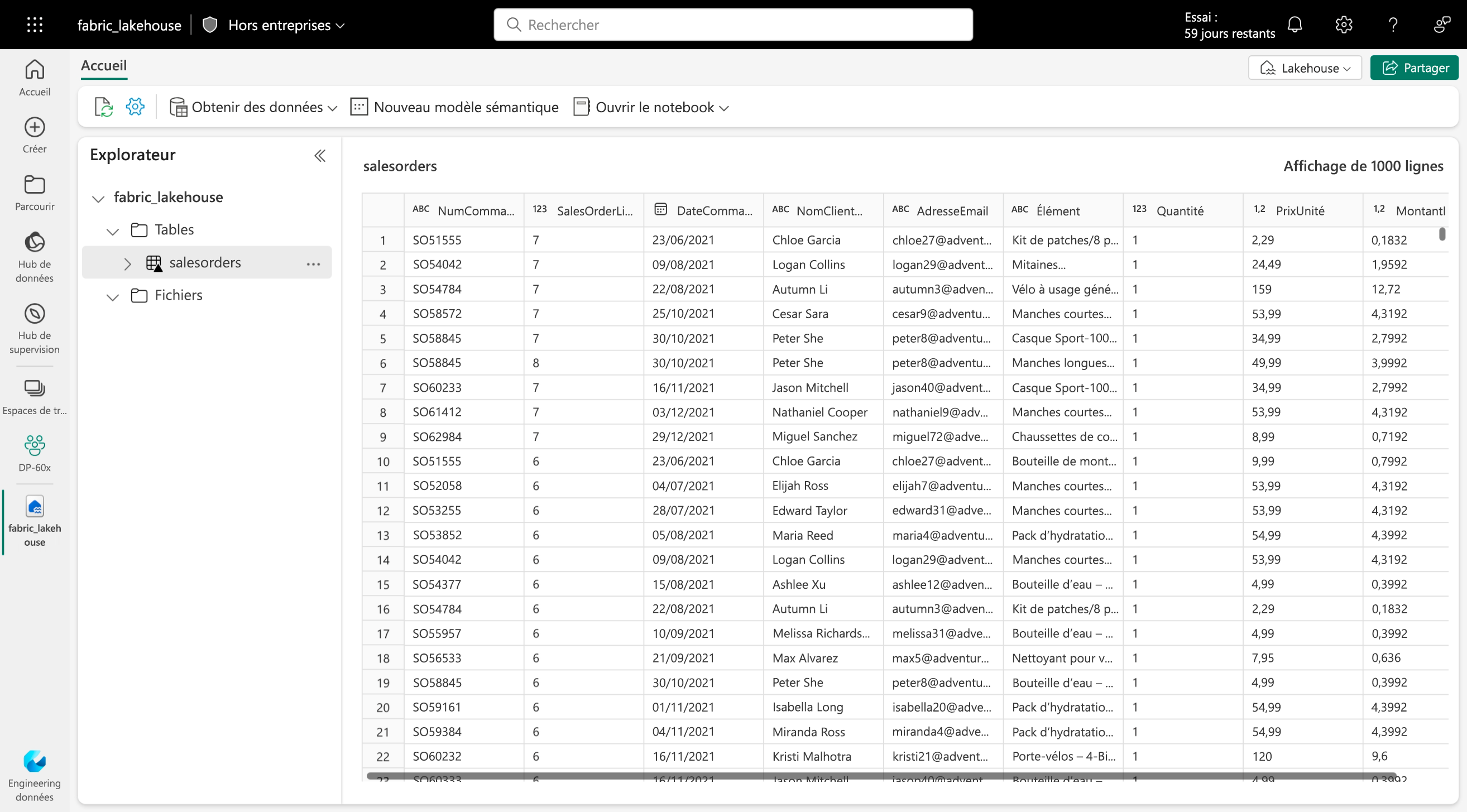 Screenshot of the salesorders table viewed in the Lakehouse explorer in Microsoft Fabric.
