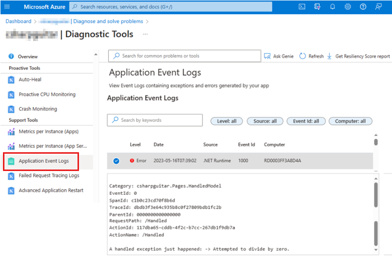 Portail Azure capture d’écran de la page « Journaux des événements d’application » (exception gérée) des outils de diagnostic.