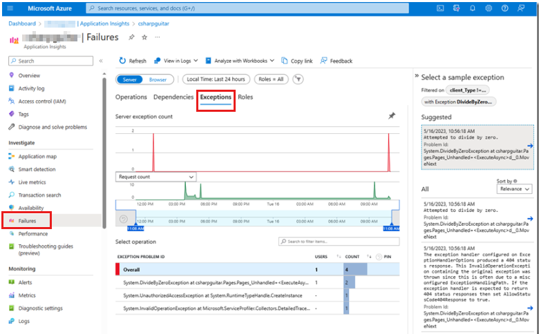 Portail Azure capture d’écran du débogueur d’instantané, sous l’onglet « Exceptions » de la page « Échecs » d’Application Insights.