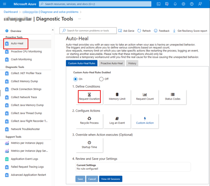 Portail Azure capture d’écran de la page « Réparation automatique » (contenant la vignette Durée de la demande) dans Les outils de diagnostic.