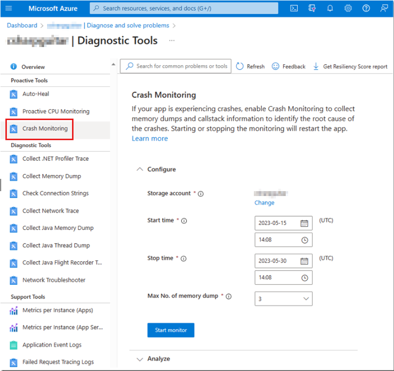 Portail Azure capture d’écran de la page « Surveillance des incidents » dans les outils de diagnostic.