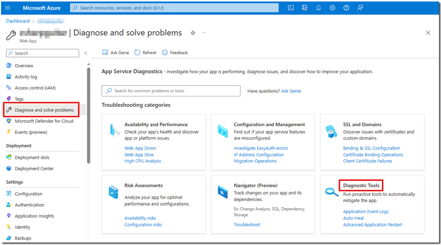 Portail Azure capture d’écran de la page « Diagnostiquer et résoudre les problèmes » et de la vignette « Outils de diagnostic » dans une application web.