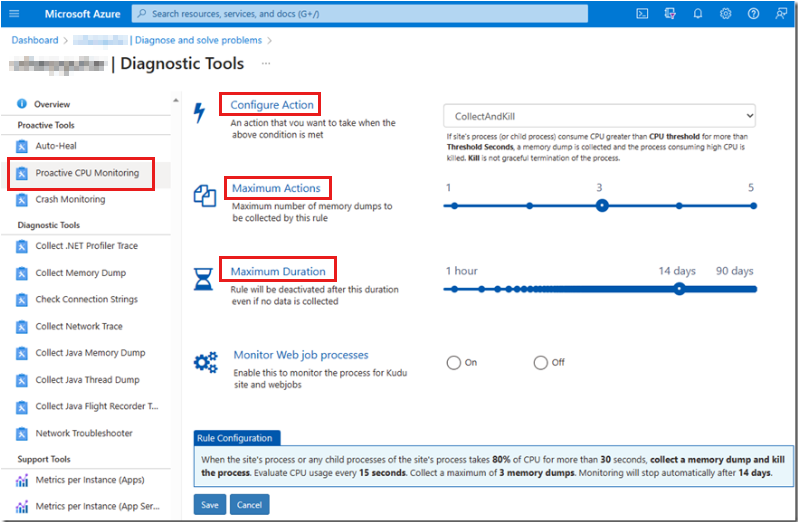 Portail Azure capture d’écran de la surveillance proactive étendue du processeur dans les outils de diagnostic.