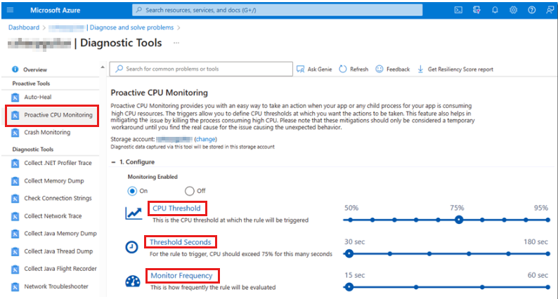 Portail Azure capture d’écran de la page « Surveillance proactive du processeur » des outils de diagnostic.