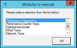 Capture d’écran de la boîte de dialogue Modules à exécuter, où Diagnostics de performances est sélectionné.
