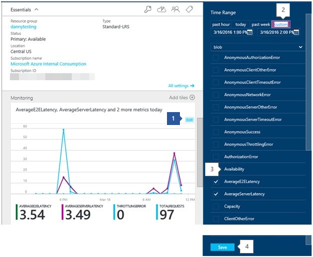 La capture d’écran montre les étapes à suivre afin d’afficher les diagnostics du compte de stockage dans Monitorage.