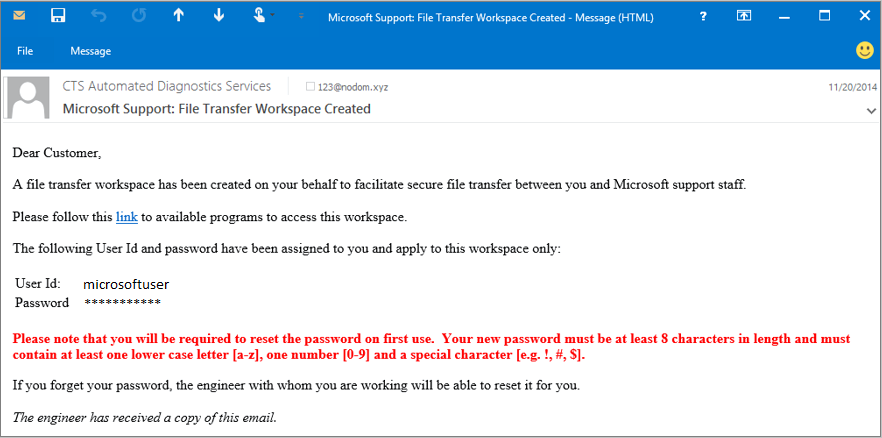 Capture d’écran de l’exemple de message envoyé par le Support Microsoft.