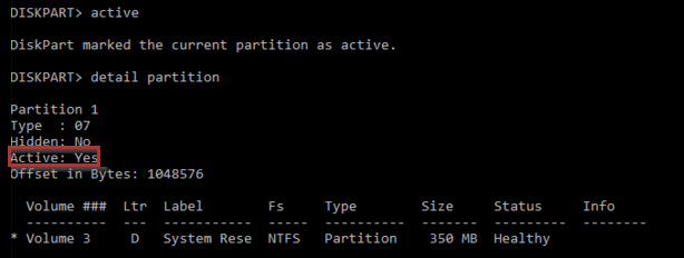 Fenêtre diskpart avec la sortie de la commande de partition de détails où partition 1 est active.
