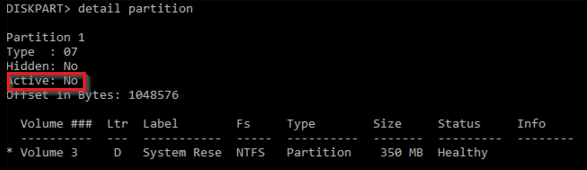 Fenêtre diskpart avec la sortie de la commande de partition de détails où partition 1 n’est pas actif.
