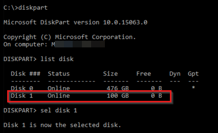La fenêtre diskpart affiche les sorties des commandes list disk et sel disk 1. Le disque 0 et le disque 1 sont affichés dans le tableau. Le disque 1 est le disque sélectionné.