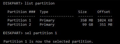 La fenêtre diskpart affiche les sorties des commandes list partition et sel partition 1. La partition 1 est le disque sélectionné.