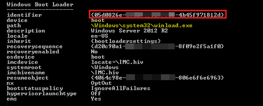 Capture d’écran montrant la sortie de la machine virtuelle de génération 1, qui répertorie le numéro d’identificateur sous Chargeur de démarrage Windows.