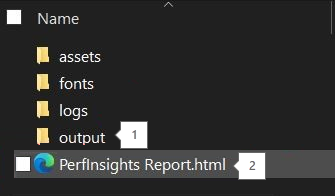 Capture d’écran du dossier de sortie et du fichier HTML du rapport PerfInsight dans votre structure de dossiers.