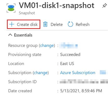 Capture d’écran du panneau de vue d’ensemble d’un instantané avec l’option Créer un disque mise en évidence.