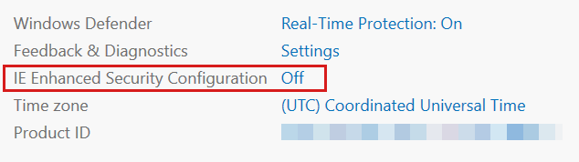 Capture d’écran du gestionnaire de serveur montrant la configuration de sécurité renforcée d’Internet Explorer désactivée.