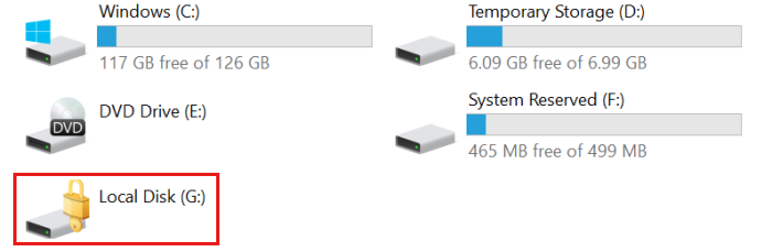 Capture d’écran de My PC montrant le volume G avec une icône de verrou.