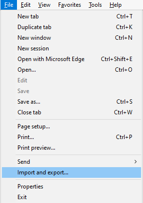 Capture d’écran du menu Fichier. L’élément d’importation et d’exportation est mis en surbrillance.