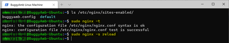 Capture d’écran de la commande sudo nginx.