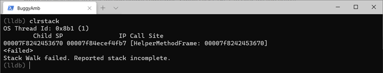 Capture d’écran de la commande clrstack.